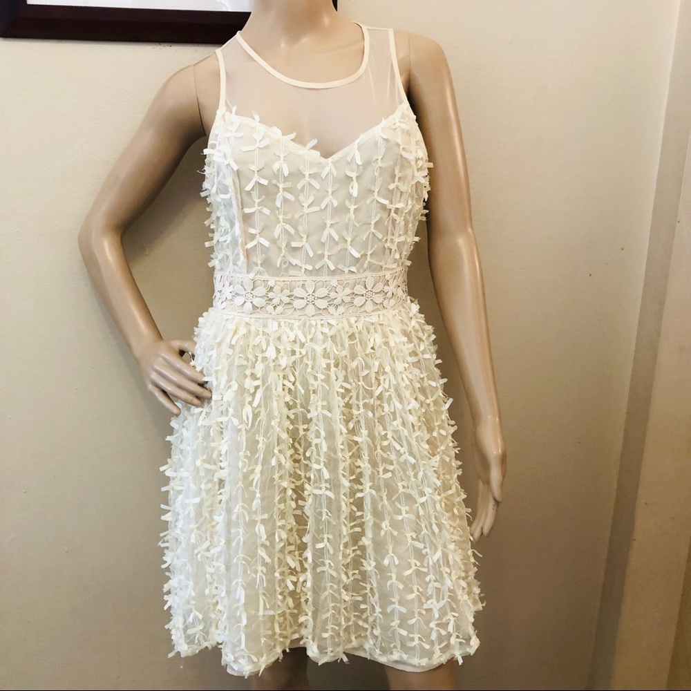 Altar'd State White 3D Ribbon Fringe Mini Dress, Size M - Bridal / Fairycore
